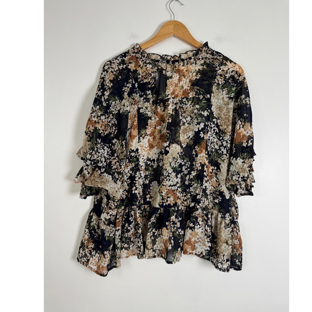 Boho Umgee Womens L Blouse Navy Floral Ruffle Peplum Tassel Chiffon C2536 - Picture 2 of 9